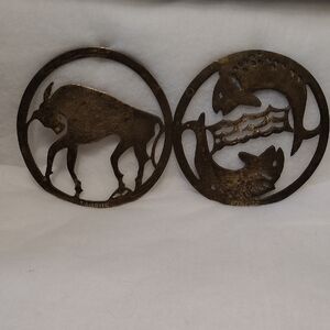 Source Unknown Brass-Colored Taurus & Pisces Zodiac Wall Plaques